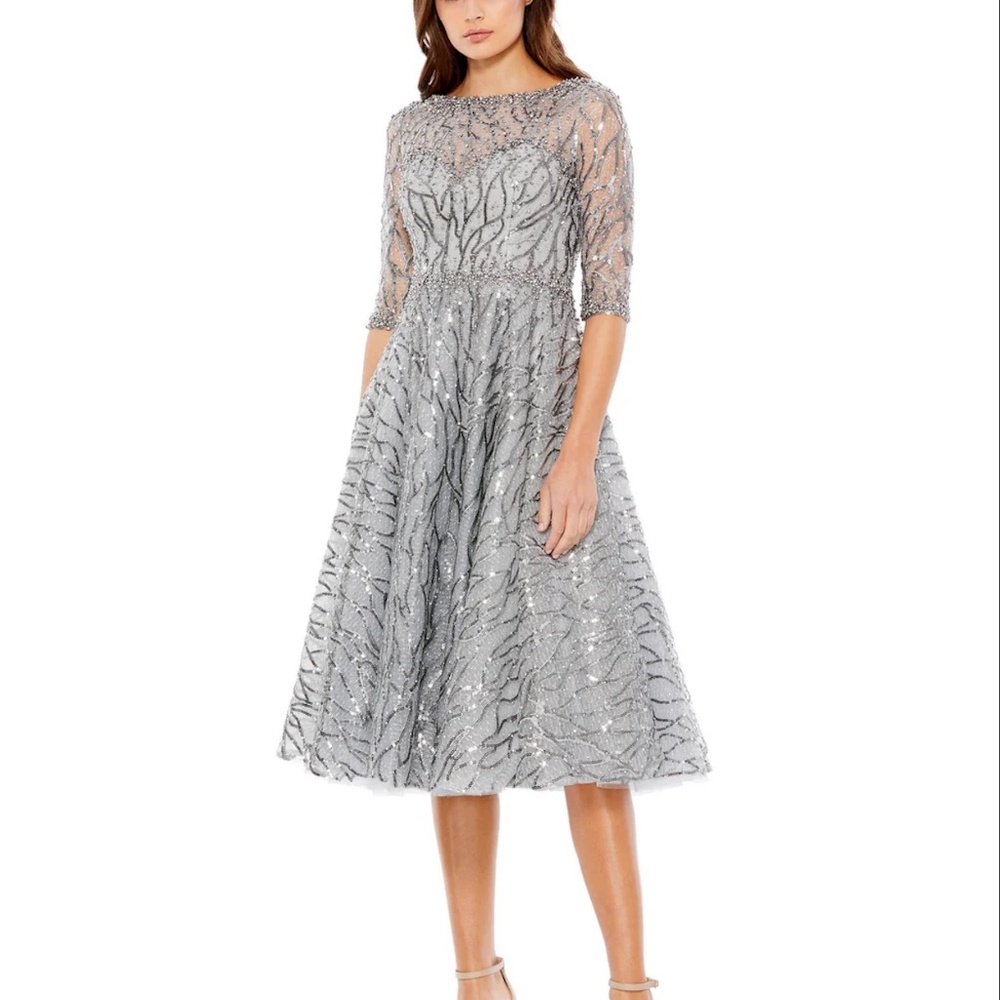 NWT Mac Duggal [2] 20252 Embellished A-Line Cocktail Dress Silver Gray Sequin - Picture 2 of 13